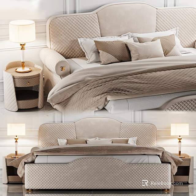 Comfortable Double Bed With Padded Headboard Pillows And Nightstand Table Lamp 3d model 