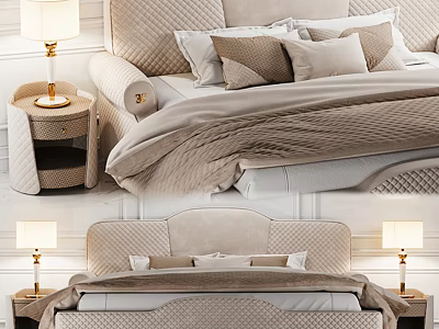 Comfortable Double Bed With Padded Headboard Pillows And Nightstand Table Lamp 3d model