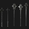 Long Handled Weapons With Various Metal Designs Displayed On Black Background 3d model