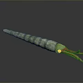 Green striped squid with long body and red tentacles on dark background