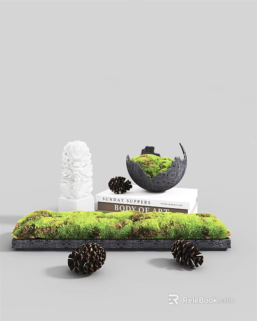 Modern Decorative Ornament Set With Moss Bowl Sculpture Stacked Books And Pinecones 3d model 