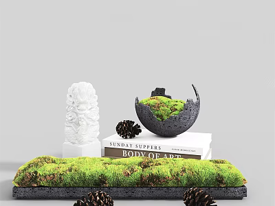Modern Decorative Ornament Set With Moss Bowl Sculpture Stacked Books And Pinecones 3d model