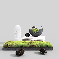 Modern Decorative Ornament Set With Moss Bowl Sculpture Stacked Books And Pinecones