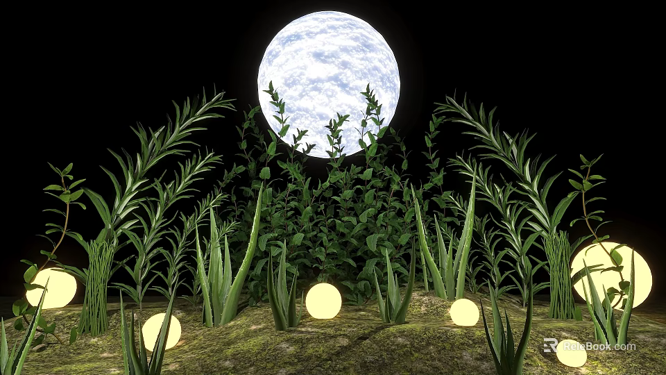 Lush Green Plants with Glowing Orbs Under Full Moon on Dark Background 3d model 