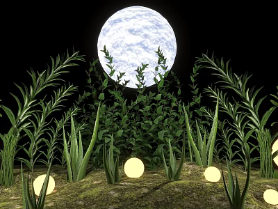 Lush Green Plants with Glowing Orbs Under Full Moon on Dark Background 3d model