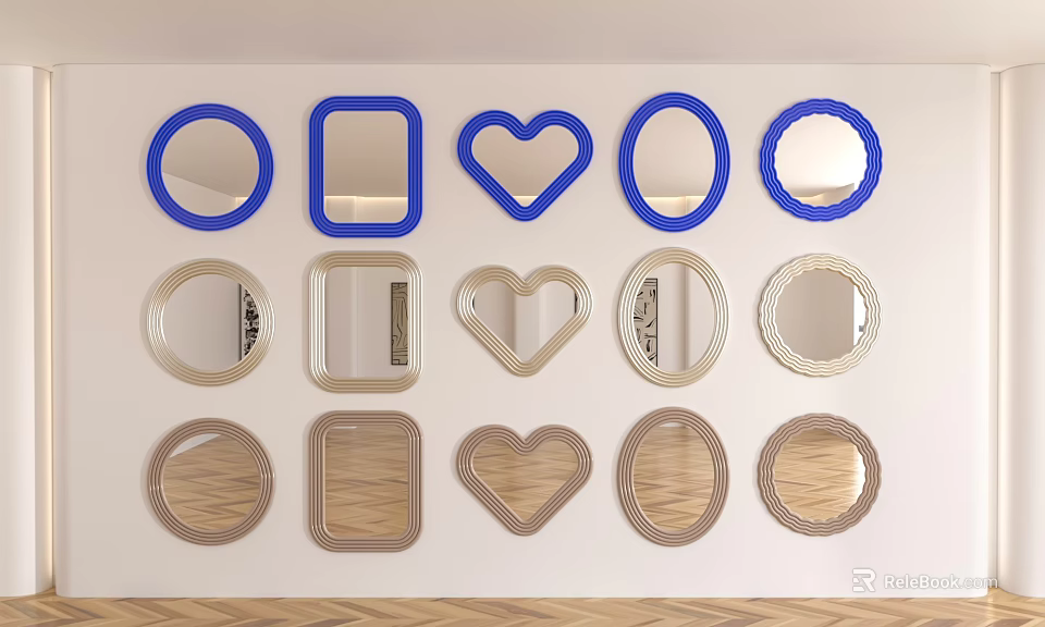 Mirrors In Various Shapes With Blue And Gold Frames Arranged On Wall 3d model 