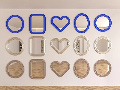 Mirrors In Various Shapes With Blue And Gold Frames Arranged On Wall 3d model