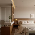 Modern Minimalist Bedroom Interior With Bed Bench Decorative Painting Rug And Natural Light