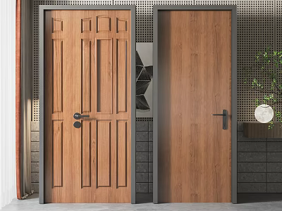Wooden Double Doors With Classic Panel Design For Modern Home Interior 3d model