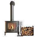 Burning Fireplace With Glass Door Chimney Metal Structure And Stacked Firewood 3d model
