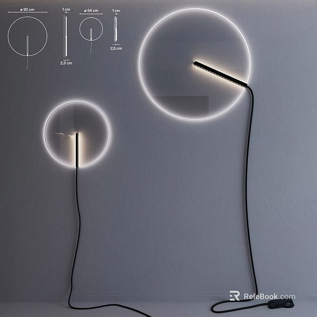 Modern Round Wall Lamps With Illuminated Circular Rings And Black Cables 3d model 