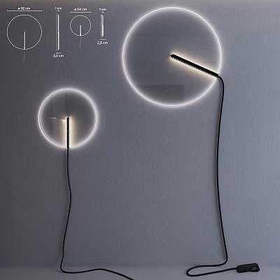 Modern Round Wall Lamps With Illuminated Circular Rings And Black Cables 3d model
