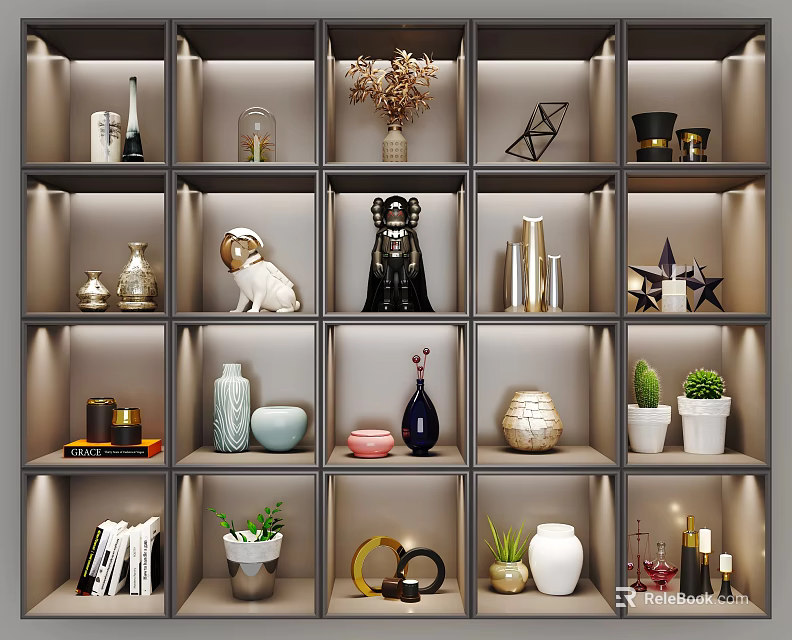 Decorative Ornament Set On Multi Tiered Display Shelf With Vases Figurines Plants And Geometric Decor 3d model 
