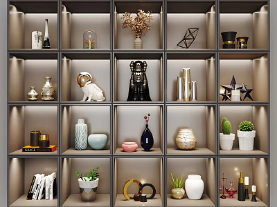 Decorative Ornament Set On Multi Tiered Display Shelf With Vases Figurines Plants And Geometric Decor 3d model