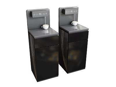 Two Modern Black Kitchen Water Dispensers With White Cups On Top 3d model