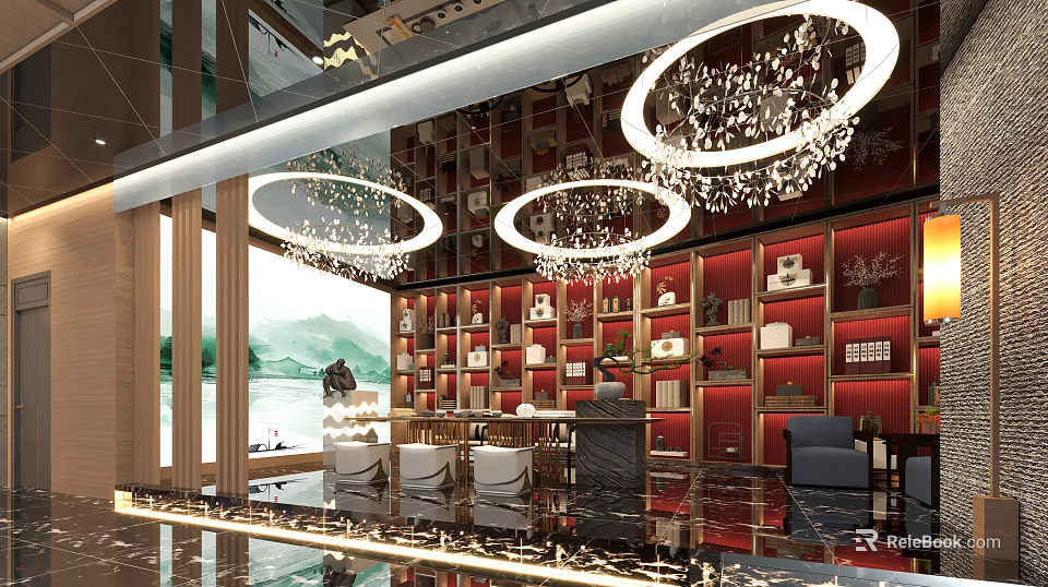 Elegant Tea House Interior With Circular Chandeliers Red Bookshelves And Wooden Tables 3d model 