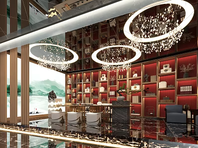 Elegant Tea House Interior With Circular Chandeliers Red Bookshelves And Wooden Tables 3d model