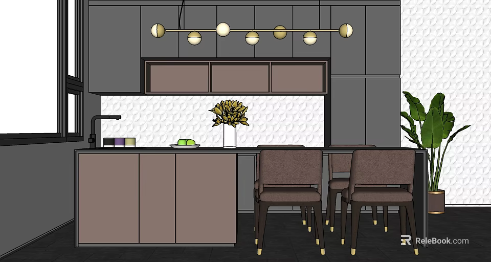 Modern Dining Table Set With Brown Chairs Gold Pendant Lights And White Tile Backsplash 3d model