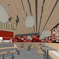 Modern Restaurant Interior Featuring Wooden Ceiling White Lantern Lights Red Walls And Tables