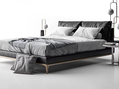 Modern Double Bed with Black Headboard Gray White Bedding and Wooden Frame 3d model