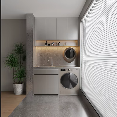 Modern Bathroom Cabinet With Washing Machine Faucet Upper Cabinets Blinds And Potted Plant 3d model