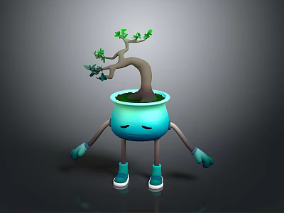 Anthropomorphic Blue Pot Character With Small Tree Arms Legs And Sad Expression 3d model
