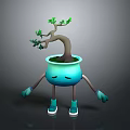 Anthropomorphic Blue Pot Character With Small Tree Arms Legs And Sad Expression