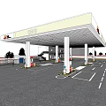 Gas Station Facility With Fuel Pumps Tanker Trucks Building And Green Trees