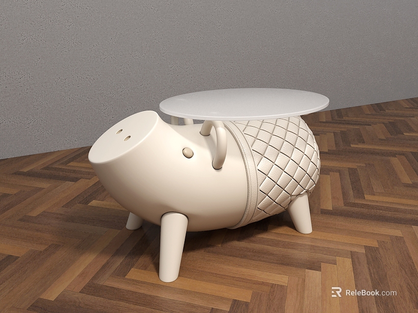 Pig Shaped White Round Side Table With Diamond Quilted Body On Wooden Floor 3d model 