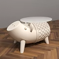 Pig Shaped White Round Side Table With Diamond Quilted Body On Wooden Floor
