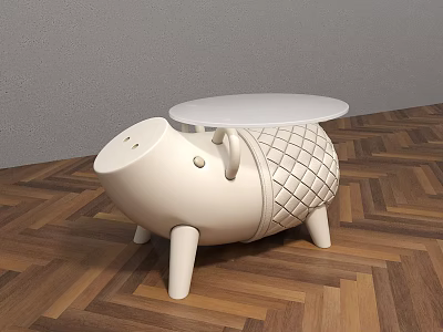 Pig Shaped White Round Side Table With Diamond Quilted Body On Wooden Floor 3d model