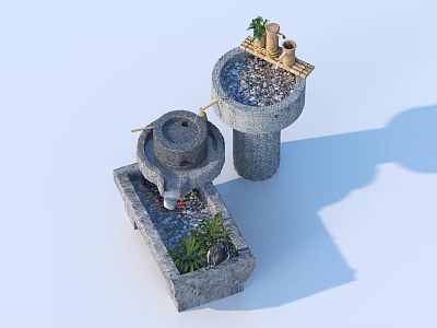 Traditional Stone Mill And Trough With Rockery Flowing Water And Green Plants 3d model