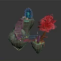 Floating Rock Structure With Stone Stairs Glowing Blue Device Wooden Bridge Red Tree And Torches