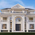 Elegant Detached Villa With White Exterior Arched Doorway Balconies And Lush Green Trees