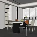 Modern Restaurant Interior With Round Dining Table Colorful Chairs Window Blinds And Green Plants