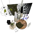Decorative Ornament Set with Birdcage Pendant Lights Green Plants Vases Zebra Print Decor