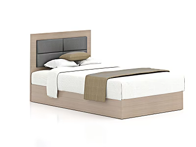 Modern Double Bed With Gray And Wooden Headboard White Sheets And Brown Blanket 3d model
