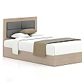 Modern Double Bed With Gray And Wooden Headboard White Sheets And Brown Blanket