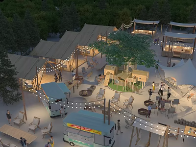 Garden Landscape Design With Wooden Pavilions Trees Seating Areas And String Lights 3d model