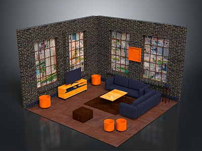 Brick Wall Living Room Interior With Stained Glass Windows Navy Blue Sofa And Orange Stools 3d model