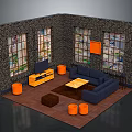 Brick Wall Living Room Interior With Stained Glass Windows Navy Blue Sofa And Orange Stools