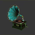 Vintage Phonograph with Turquoise Horn Gold Accents and Wooden Base in Retro Style