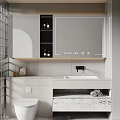 Sleek Modern Bathroom Set with Marble Countertop Wall Mirror Toilet Storage Cabinets and Potted Plant