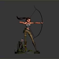 Woman with red hair holding bow wearing brown pants and boots on green base statue