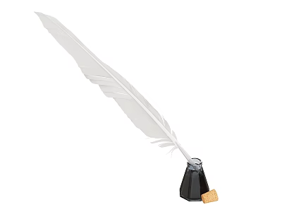 Vintage White Feather Quill With Black Ink Bottle and Small Tag For Writing Tools 3d model