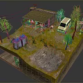 Rural Scene Model With Tile Roofed House Van Old Trees Utility Pole And Dirt Puddle