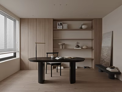 Modern Study Room With Wooden Walls Bookshelves And Round Desk 3d model