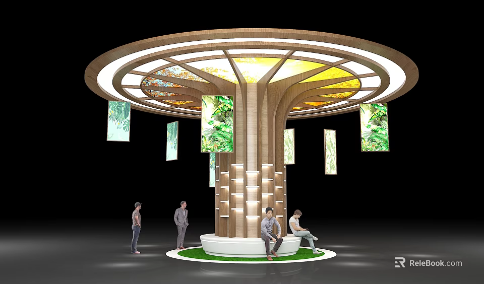 Layered Wooden Pillar With Circular Top Lighting Hanging Greenery Images Green Lawn And People Around 3d model 