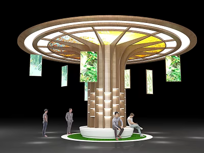 Layered Wooden Pillar With Circular Top Lighting Hanging Greenery Images Green Lawn And People Around 3d model