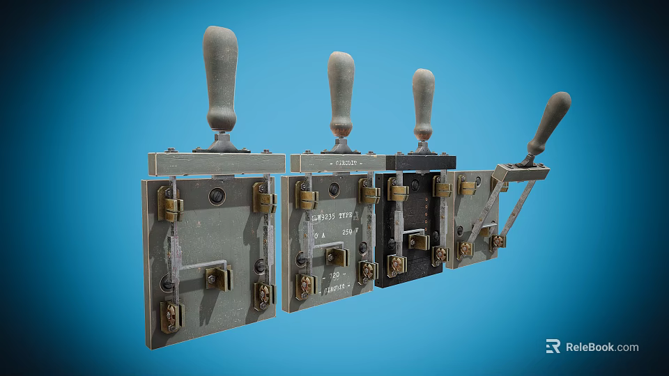Vintage Metal Control Devices With Handles On Blue Background Four Units 3d model 